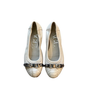 AGL Monika Cap Toe Cream Neutral Leather Embossed Buckle Preppy Ballet‎ Flats 6